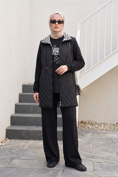 Lale Butik Long-Sleeve Quilted Sweatshirt Vest and Pants 3-Piece Set 10935 Black