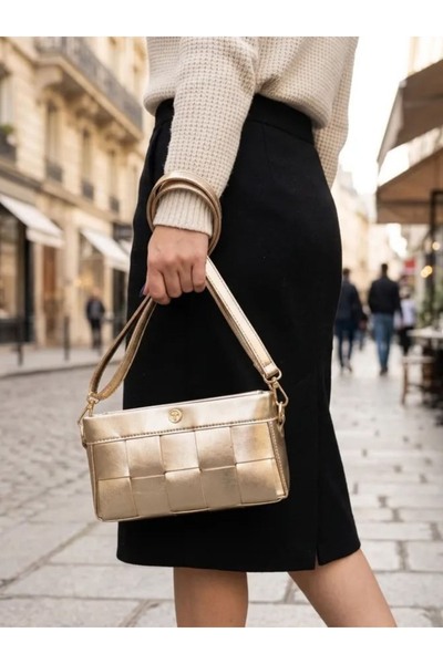 TheGencoo Champagne Gold Metallic Knitted-Textured Women's Shoulder Bag and C...