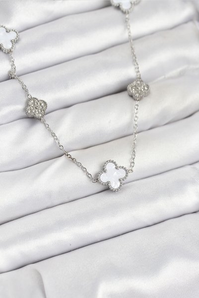 Skygo 316L Steel Chain Silver Color White and Zircon Stone Clover Women's Nec...