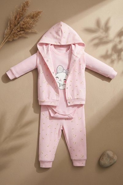 ANP MODA TASARIM Girl's 3-Piece Rib Knit Set - Floral Print Hooded Cardigan, ...
