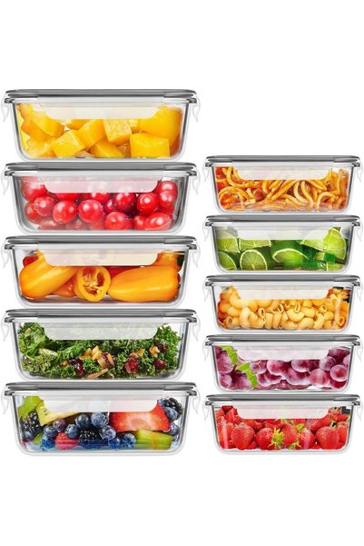 RFAQK 10 Pieces Glass Food Containers with Lids,5 Large (36oz) & 5 Small (13o...