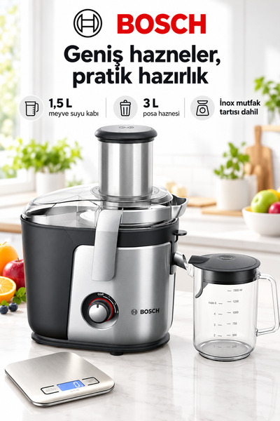 Bosch عصارة فواكه صلبة بقوة 1200 واط، مزودة بشفرات سيراميك، 3 سرعات، سعة 1.5 ...