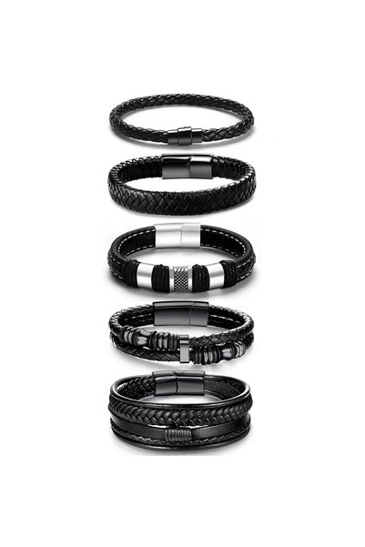 SWIUKPHE Black Leather Bracelets 5 Pcs, Adjustable Braided Cuff Wristbands fo...