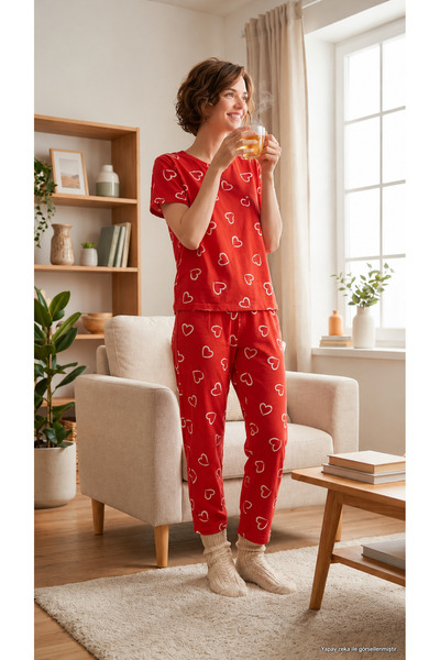 Generic Brand ÖzSurgun Women's Red-Patterned Pajama Set, Short-Sleeved, Milan...