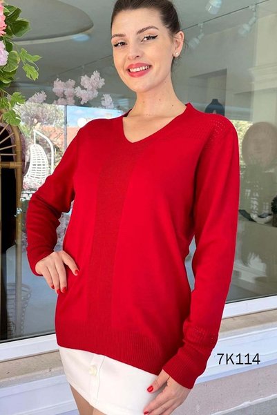 İnce Topuk Bluză din tricot cu decolteu în V și model cu aspect de dantelă 7k114