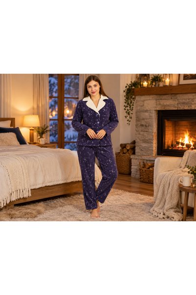 PİJAMOOD Kadın Lacivert Çift Taraflı Desenli Uzun Kollu Pijama Takımı