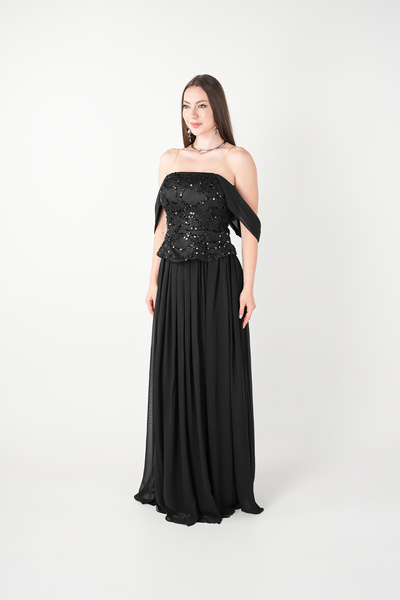 BEYBOS Top Beaded Embroidery Lower Chiffon Design Evening Dress - Black