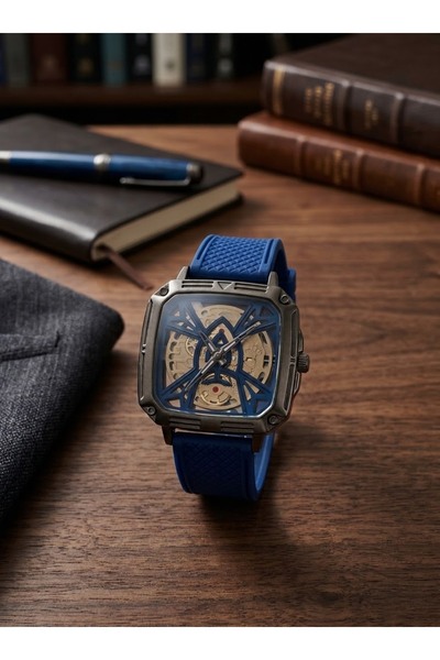 Newera Watch ساعة يد رجالية مربعة الشكل بحزام من السيليكون.