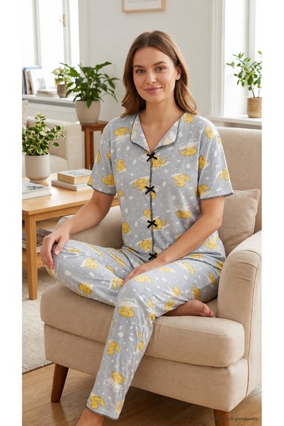 Generic Brand Women's Gray Duck-Print Milan Fabric Short-Sleeve Pajama Set wi...