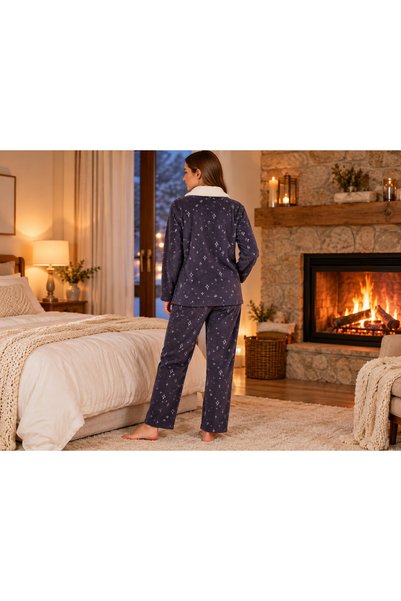PİJAMOOD Kadın Lacivert Çift Taraflı Desenli Uzun Kollu Pijama Takımı