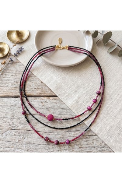 unbranded KL9276 Τριπλό Πολυεπίπεδο Χειροποίητο Κολιέ σε Μπορντό & Μαύρους Τό...