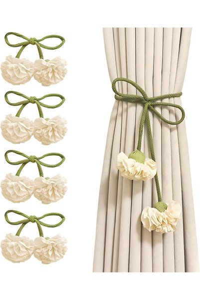 KASTWAVE 4 Pack Cotton Rope Curtain Tiebacks with Floral Accents, Holdbacks f...