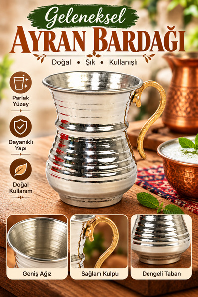 GÜZELYÜZ AVM Geleneksel Ayran Bardağı 1 Adet Krom Dövme Ayran Bardağı Otantik Metal Bardak