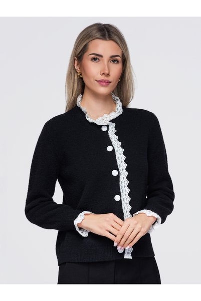 OMBRE Damen-Cardigan, leicht tailliert, mit Spitzenbesatz, lange Ärmel, schwa...