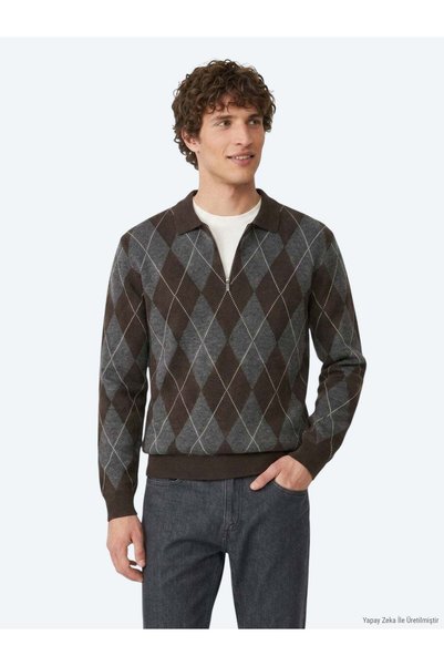 Kip Polo Collar, Diamond Patterned Cotton Blend Knit Sweater 10162818