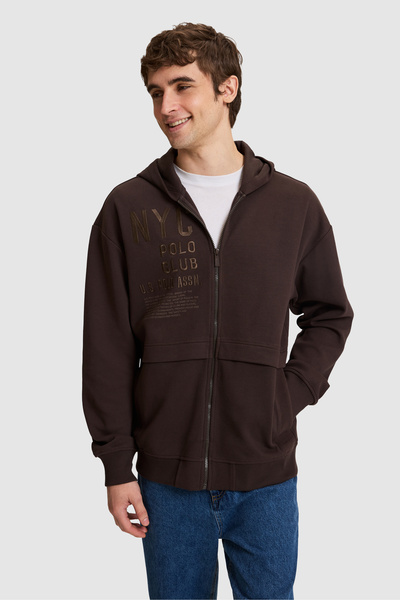 U.S. Polo Assn. Men's Dark Brown Comfort Fit 100% Cotton Hooded Zip-Up Knit C...