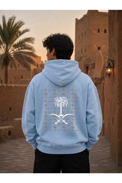 HAI COLLECTİON Blue Hooded Oversized Cotton Unisex Sweatshirt