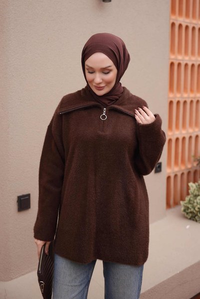 İmajButik Brown-Collar, Zippered, Super-Soft Angora Knit Sweater with Boat Neck