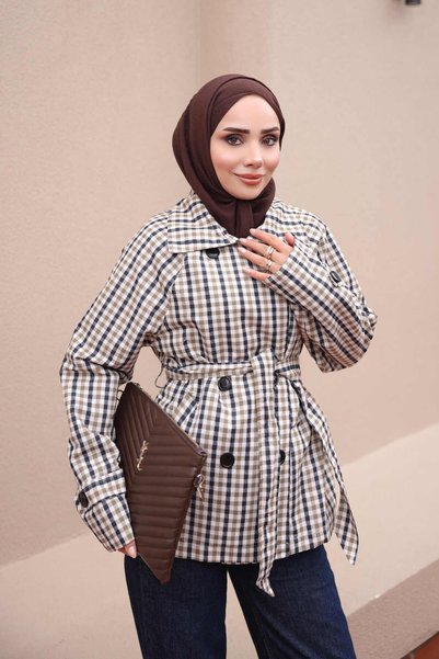 İmajButik Khaki Mock Neck Lined Plaid Short Trench Coat