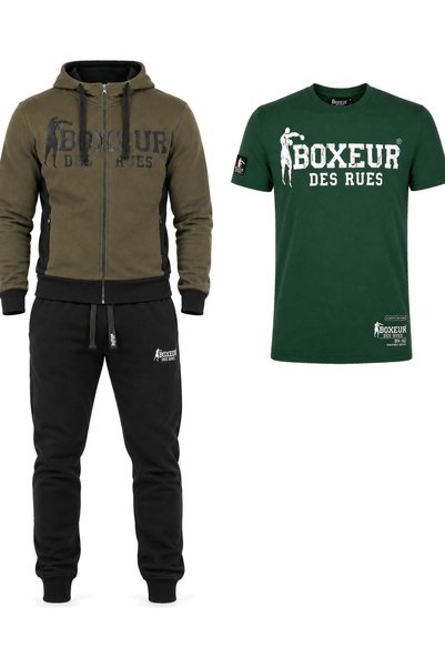 Boxeur Des Rues Set: Hoodie Olive/Black + Sweatpants Black + T-Shirt Dark Gre...