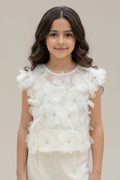 Alesaei-mondo tondo Girls' cream sleeveless blouse with 3D organza flowers 7294