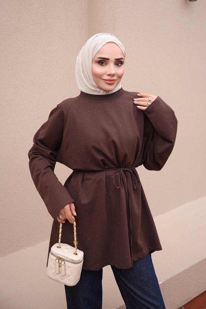 İmajButik Brown Tie-Detail Stone-Embellished Modal Tunic