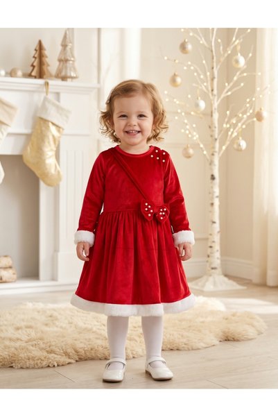 MiniKids Кадифена рокля с перли, Коледа, червено и бяло