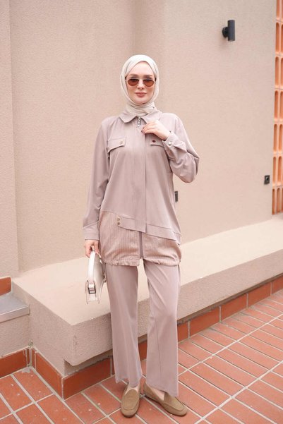 İmajButik Taupe Color Zipper-Front, Tie-Detail, Tunic and Pants Set