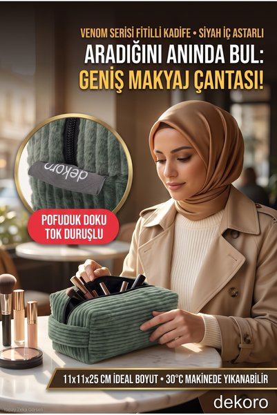 Dekoro Fitilli Kadife Makyaj Çantası Seyahat Organizeri 11x11x25 cm Leke Tutm...