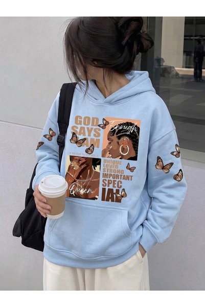 HAI COLLECTİON Blue Oversized Cotton Unisex Hooded Sweatshirt