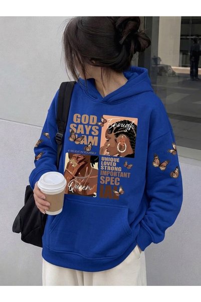 HAI COLLECTİON Oversized Blue Hooded Sweatshirt with Butterfly Print