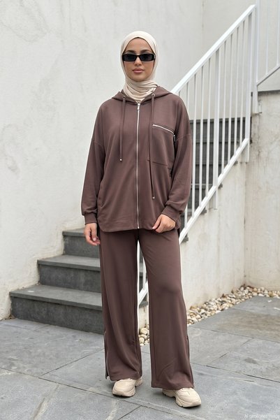 Lale Butik Front Zippered Hooded Set with Pants and Pocket Details, 5343, Brown