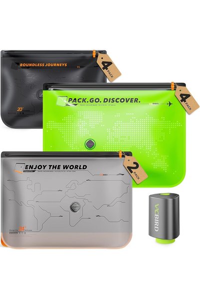 Vacbird Vacuum Storage Bags with Rechargeable Pump for Travel, 10 Pack