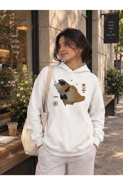 HAI COLLECTİON White Oversized Hooded Sweatshirt with Map Print