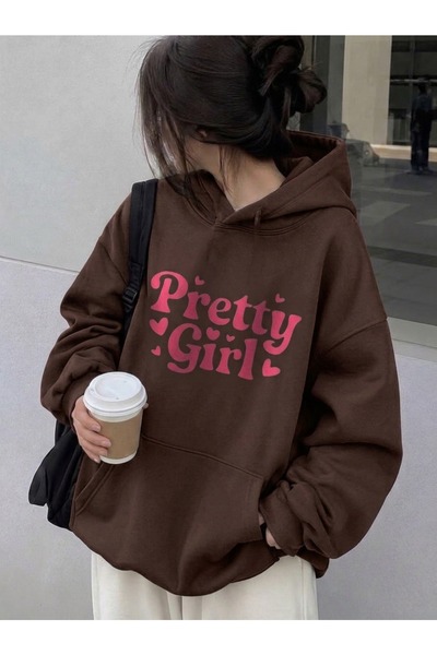 HAI COLLECTİON Brown Oversized Hooded Sweatshirt with "Pretty Girl" Print