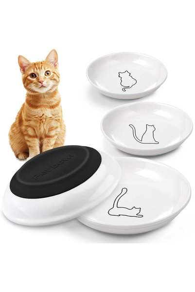 KASTWAVE 3 PCS Ceramic Cat Bowls Set Dishes for Indoor Cat & Kitten, Wide Sha...