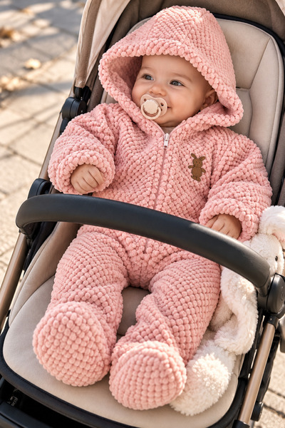 İZYALİF BABY Kız Erkek Bebek Kapüşonlu Fermuarlı Patikli Pelüş Kozmonot Tulum...