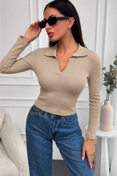 Chicup Aura Bluză tricotată cu guler polo și materiat cu striații, pentru femei