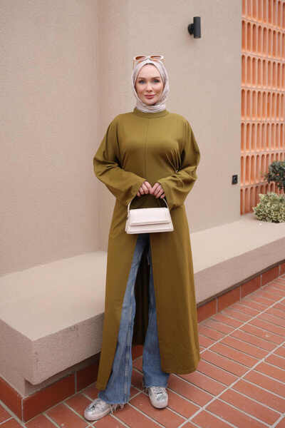 İmajButik Long Tunic in Olive Green with a Tie-Detail and Slit