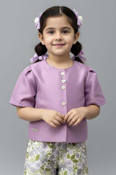 Alesaei-mondo tondo Girls' soft lilac short-sleeve blouse with heart buttons ...