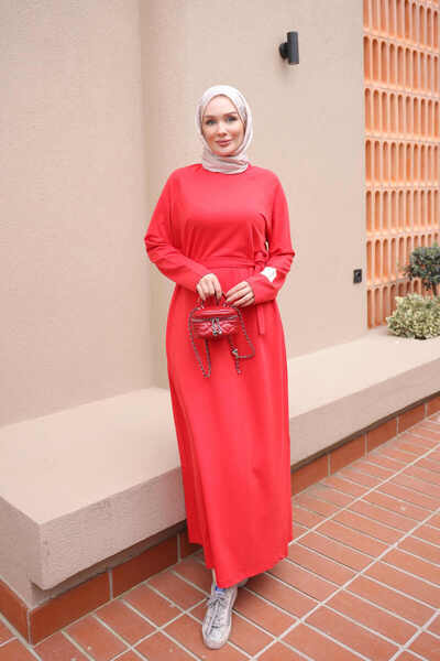 İmajButik Red-Belted Crew Neck Dress