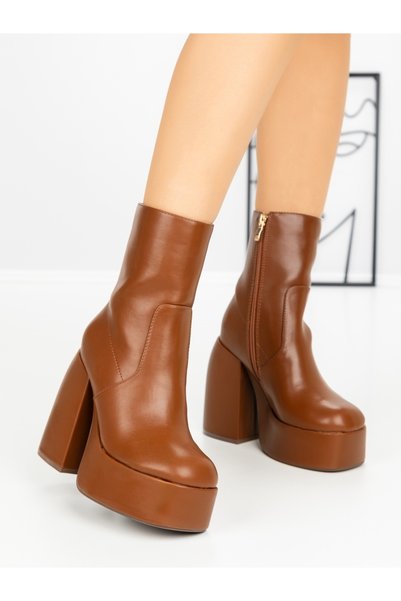 MİASHOES Botine dama cu toc gros si platforma maro din piele ecologica Esaerla