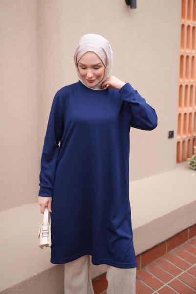 İmajButik Navy Blue Crew Neck Modal Tunic