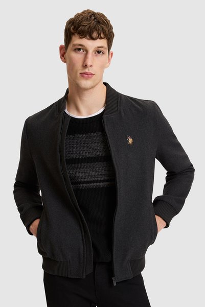 U.S. Polo Assn. Men's Anthracite Melange Mock Neck Zippered Pocket Wool Coat ...