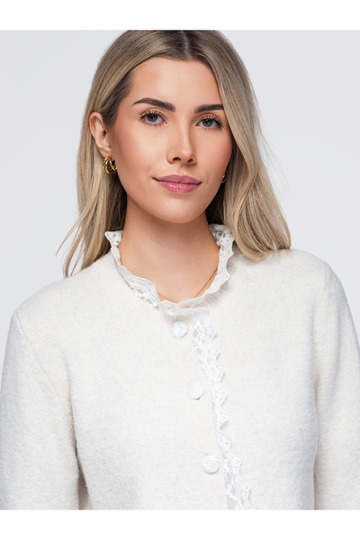 OMBRE Cardigan de damă, ușor cambrat, cu dantelă, mâneci lungi, bej OW-SW-E0034