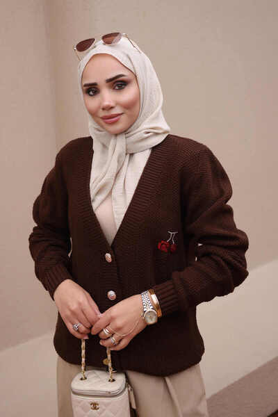 İmajButik Brown Collar, Bead-Embellished, Button-Front Knit Cardigan