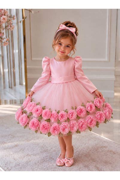 İlknur Karaca Design Pembe uzun kollu etekleri pembe üç boyutlu güllü kız çoc...