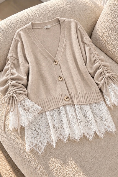 İmajButik Taupe Color Knitted Cardigan with Lace Cuffs and Hem and Ruched Det...