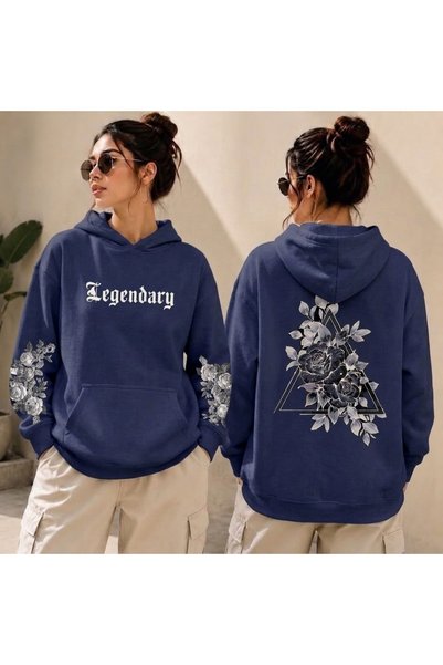 HAI COLLECTİON Legendary Hooded Sweatshirt with Navy Blue Floral Print
