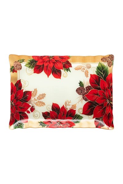 OEM Platou festiv din sticlă ecru, model crăciunițe, vâsc și conuri, 36 x 26 cm